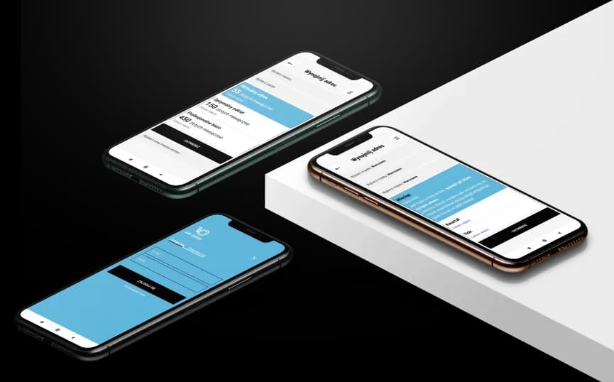 Three smartphones displaying a user interface design for a mobile application, with a focus on a clean and modern layout