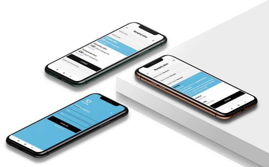 Three smartphones displaying a user interface design for a mobile application, with a focus on a clean and modern layout